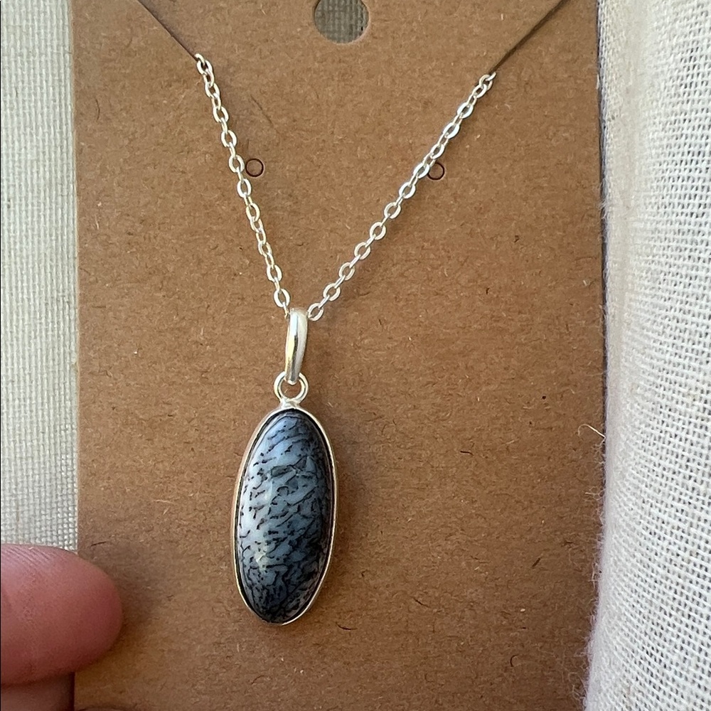 Sterling Silver Necklace Dendrite opal stone with a 16" sterling chain